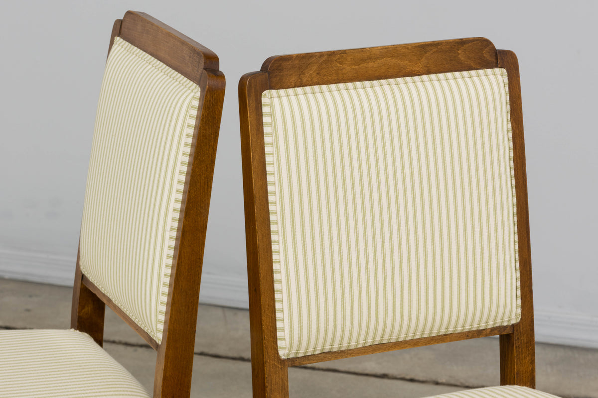 French Art Deco Maple Accent Side Chairs with Sage Green Stripe – A Pair