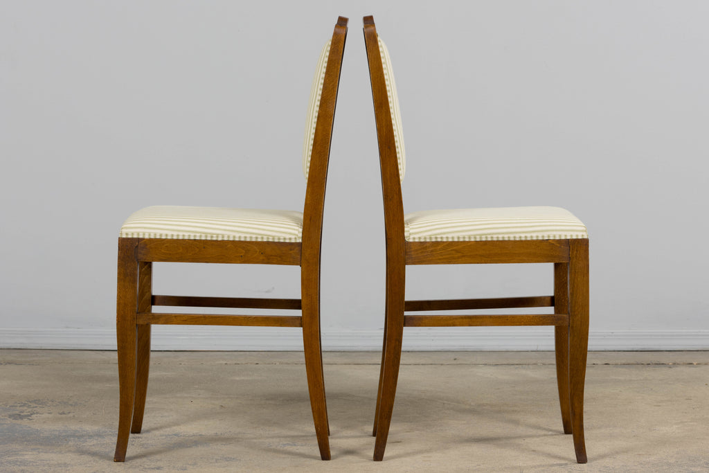 French Art Deco Maple Accent Side Chairs with Sage Green Stripe – A Pair