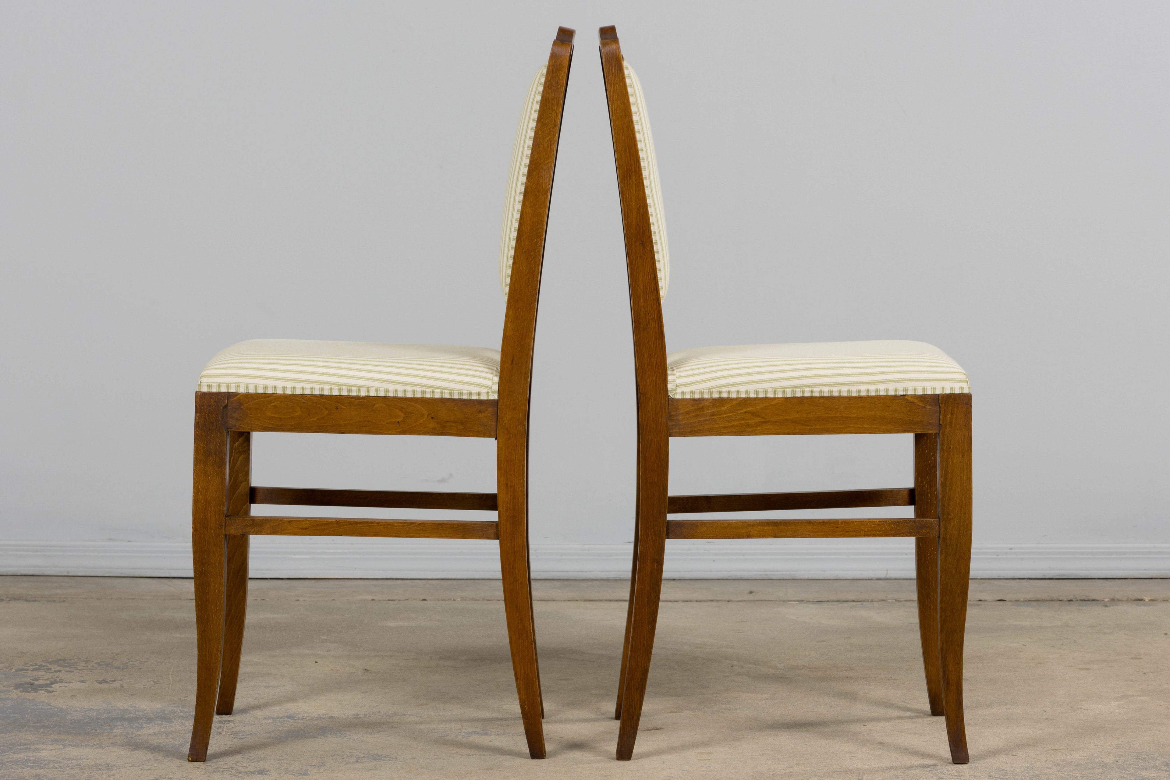 French Art Deco Maple Accent Side Chairs with Sage Green Stripe – A Pair