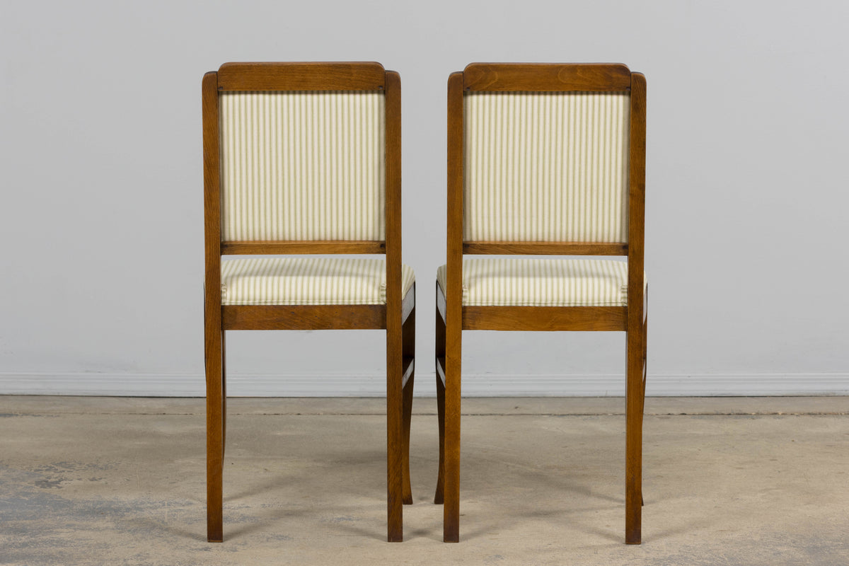 French Art Deco Maple Accent Side Chairs with Sage Green Stripe – A Pair