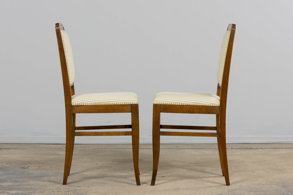 French Art Deco Maple Accent Side Chairs with Sage Green Stripe – A Pair