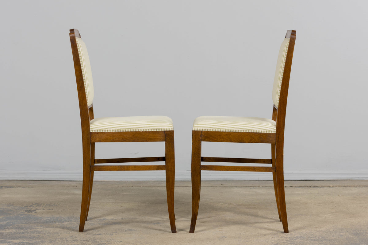 French Art Deco Maple Accent Side Chairs with Sage Green Stripe – A Pair