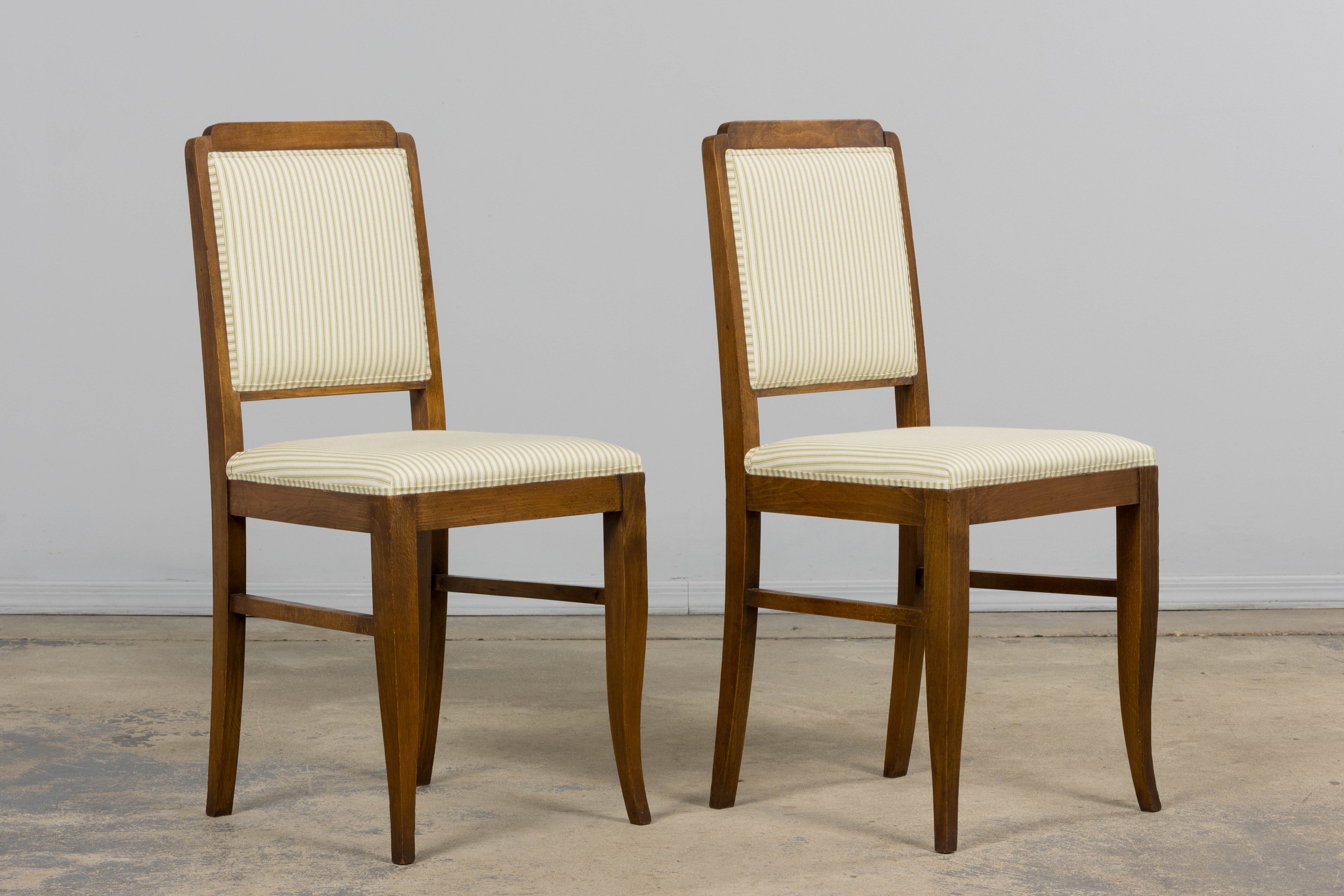 French Art Deco Maple Accent Side Chairs with Sage Green Stripe – A Pair