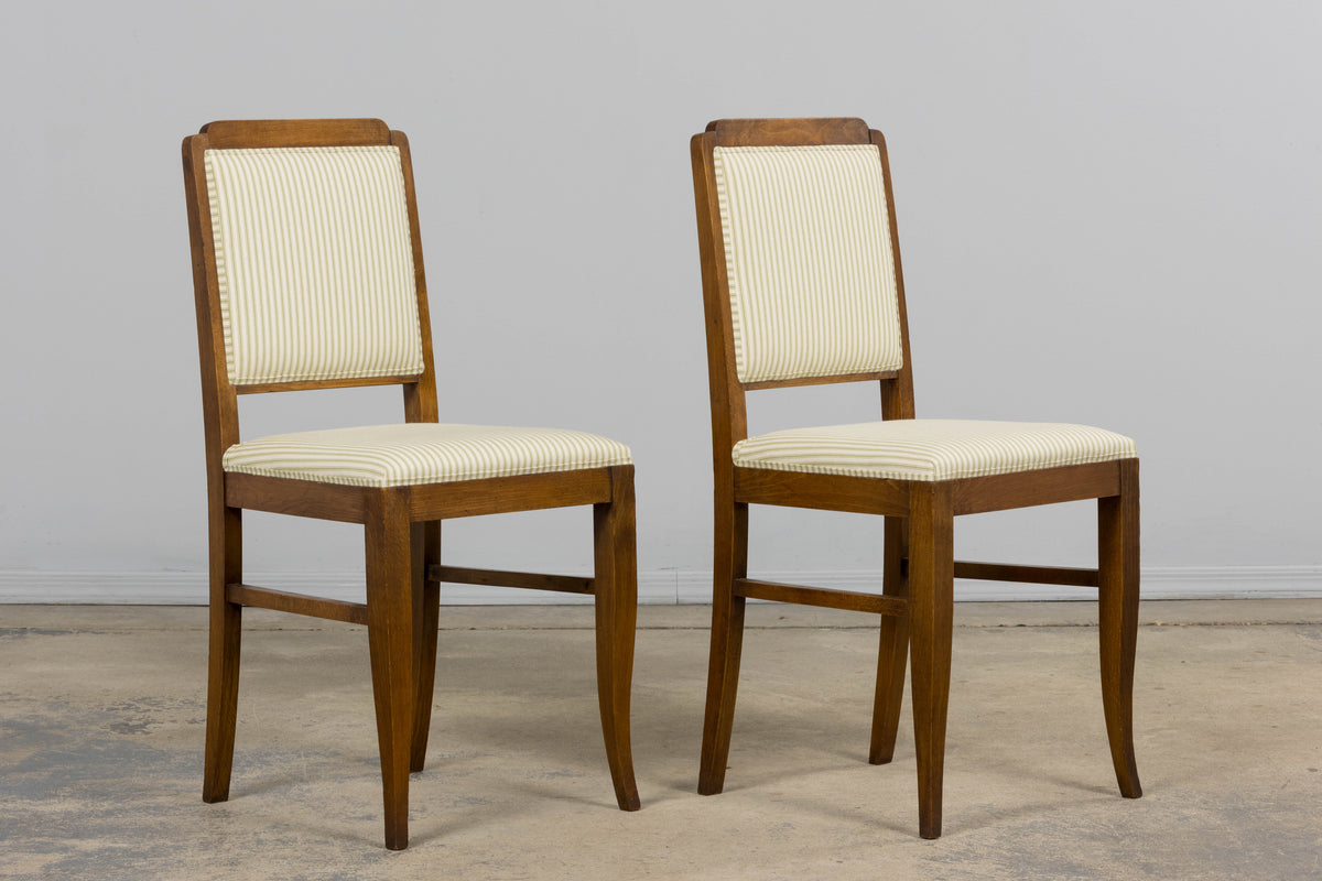French Art Deco Maple Accent Side Chairs with Sage Green Stripe – A Pair