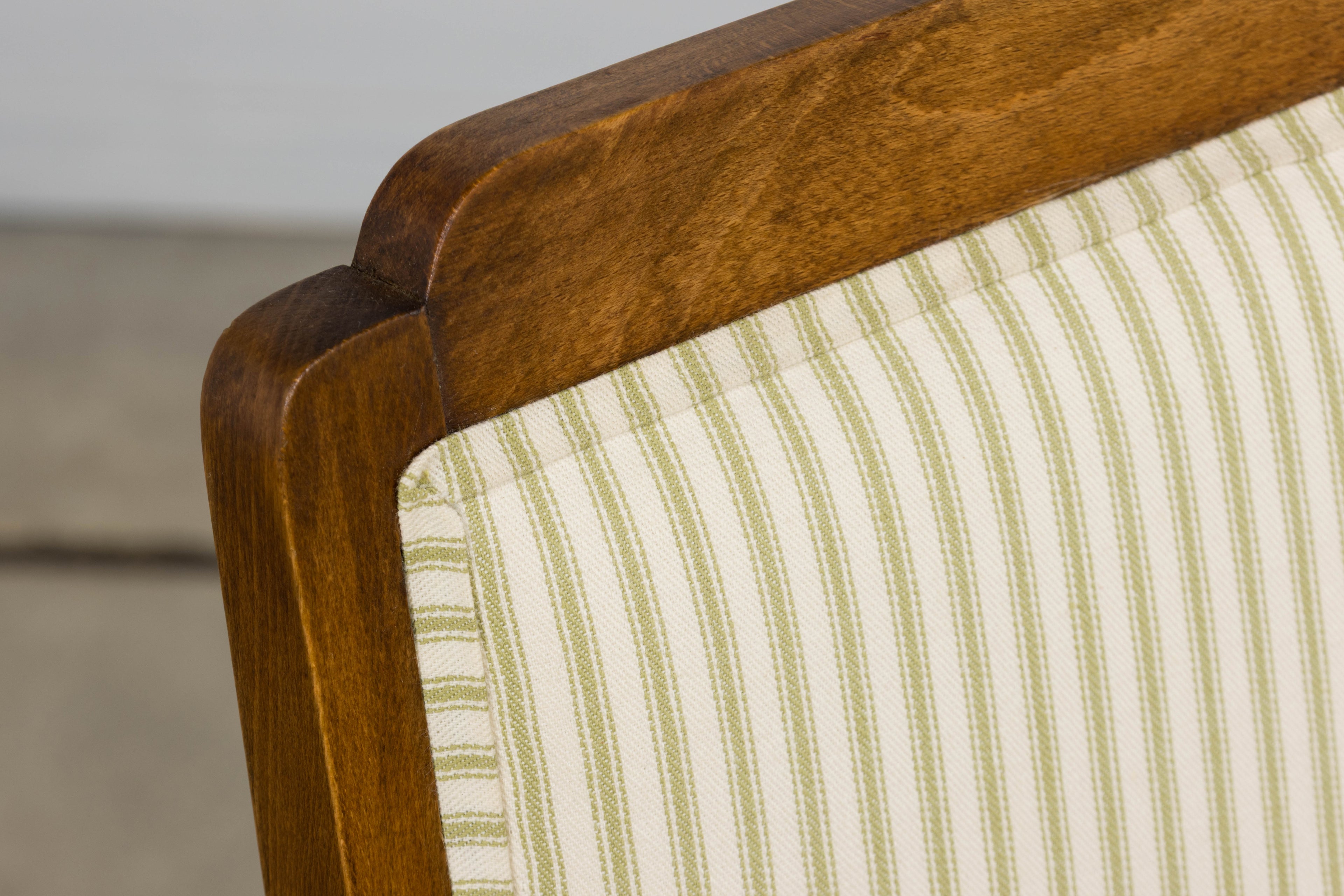 French Art Deco Maple Accent Side Chairs with Sage Green Stripe – A Pair