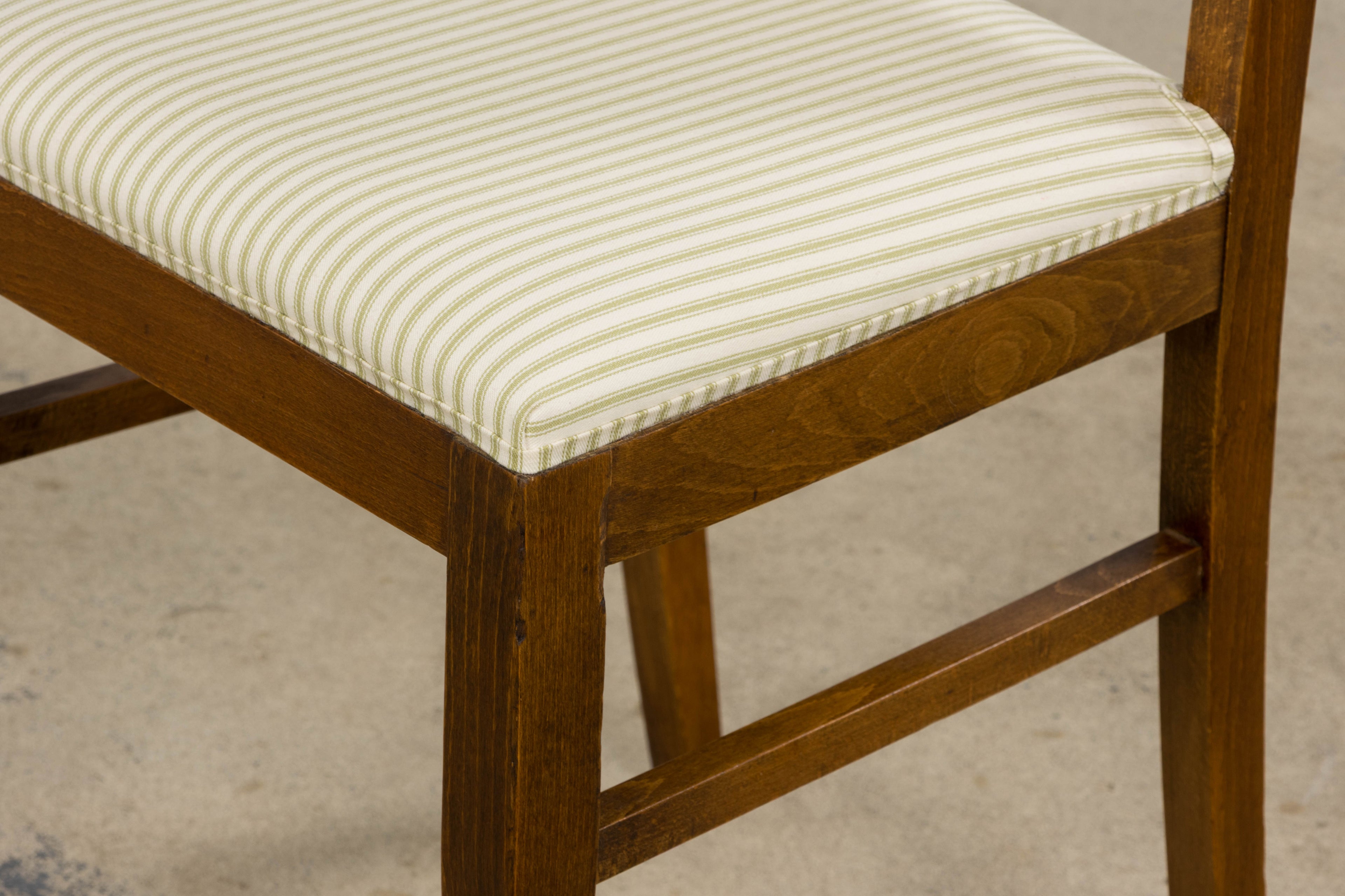 French Art Deco Maple Accent Side Chairs with Sage Green Stripe – A Pair