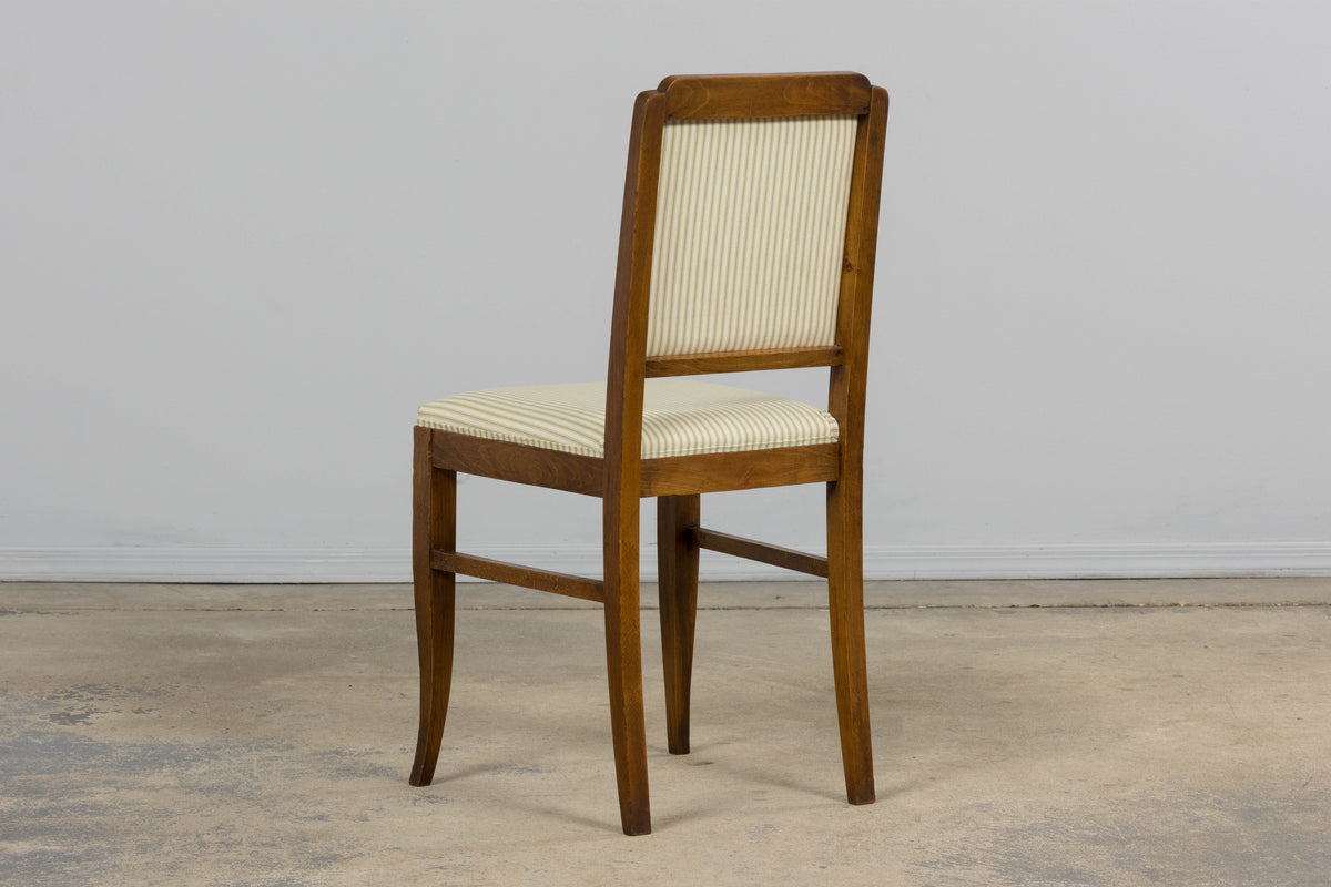 French Art Deco Maple Accent Side Chairs with Sage Green Stripe – A Pair