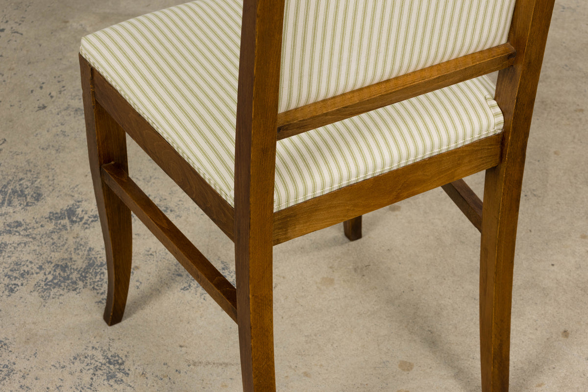 French Art Deco Maple Accent Side Chairs with Sage Green Stripe – A Pair