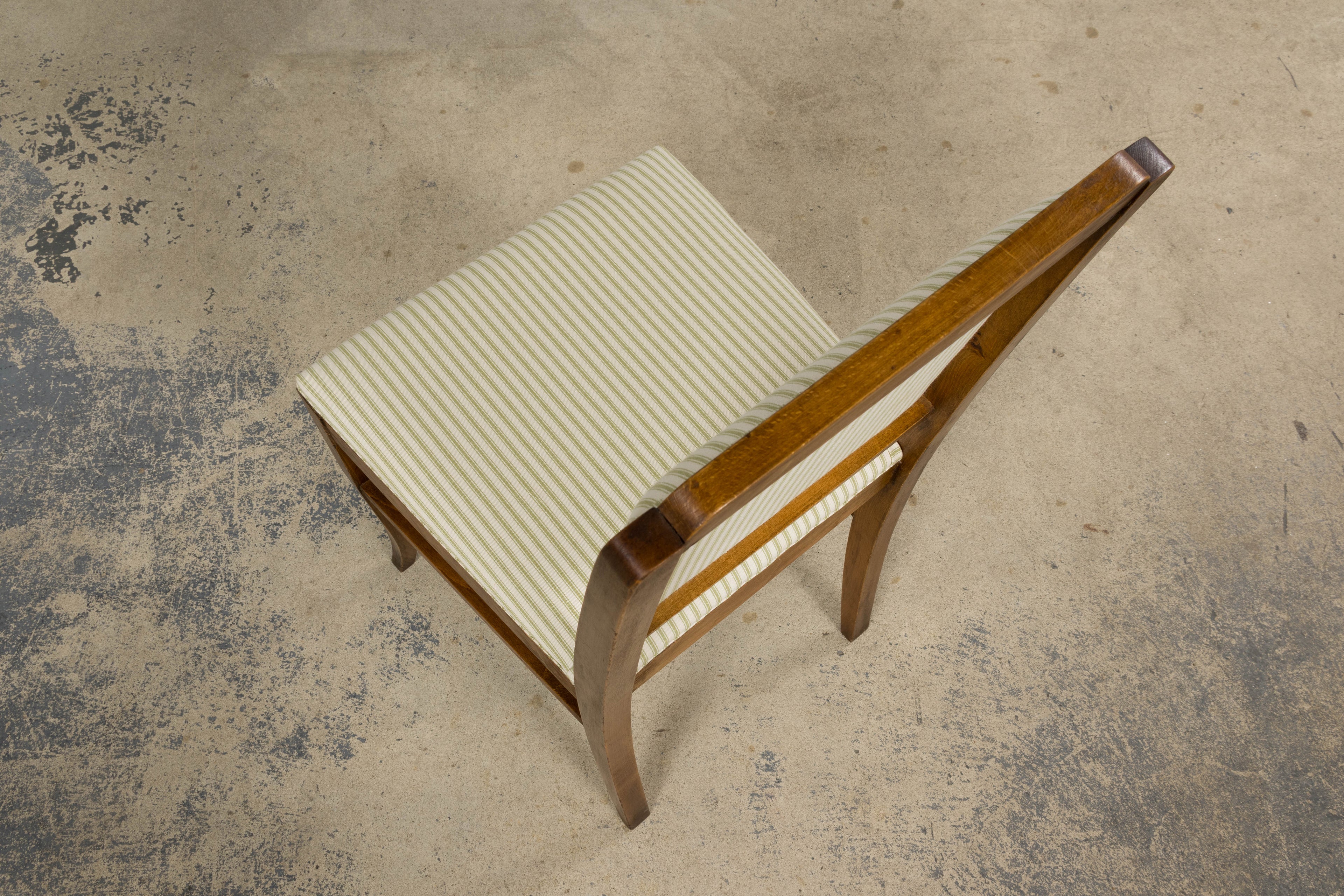 French Art Deco Maple Accent Side Chairs with Sage Green Stripe – A Pair