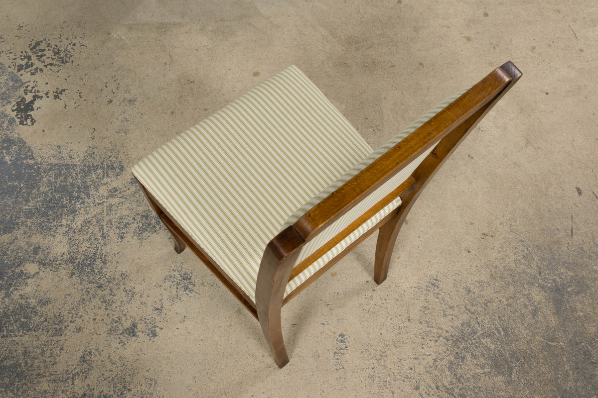 French Art Deco Maple Accent Side Chairs with Sage Green Stripe – A Pair