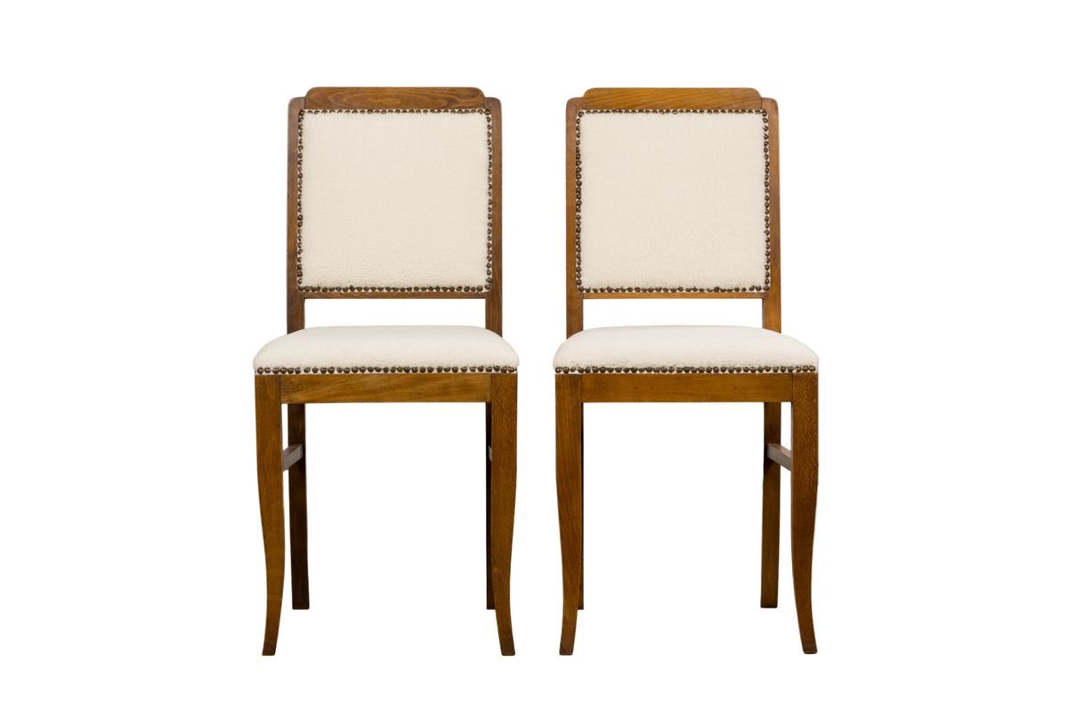 French Art Deco Maple Accent Side Chairs in Cream Boucle - A Pair