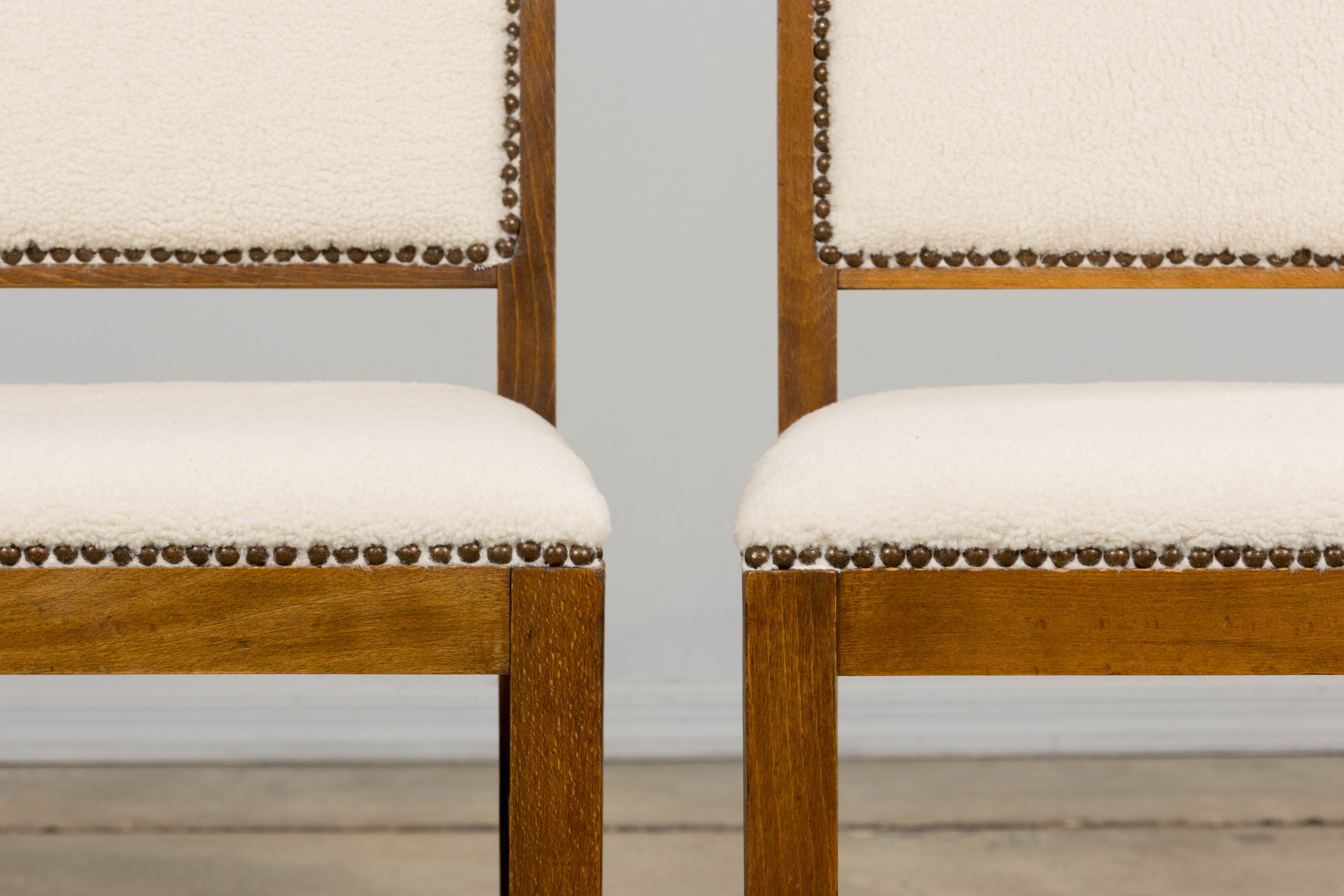 French Art Deco Maple Accent Side Chairs in Cream Boucle - A Pair