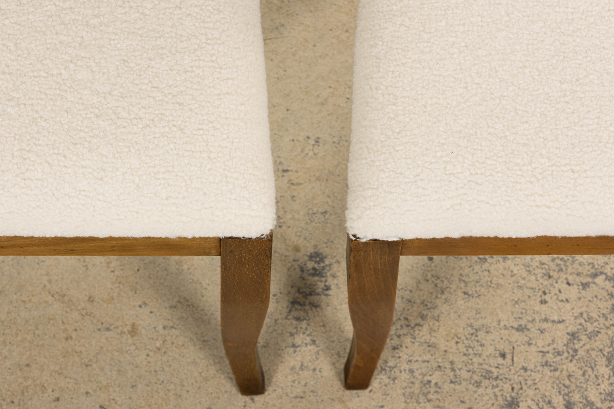 French Art Deco Maple Accent Side Chairs in Cream Boucle - A Pair