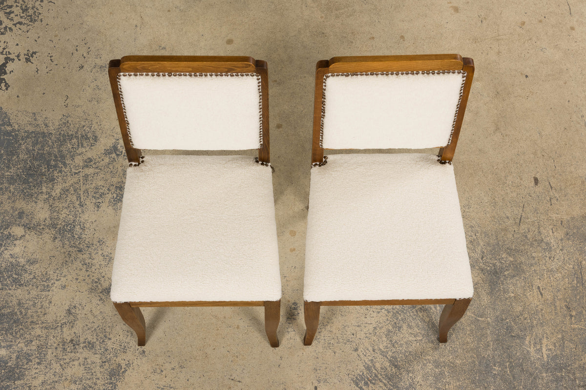 French Art Deco Maple Accent Side Chairs in Cream Boucle - A Pair