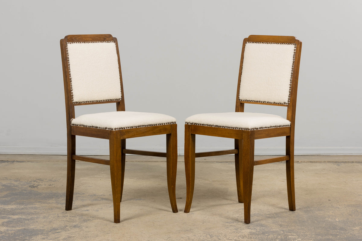 French Art Deco Maple Accent Side Chairs in Cream Boucle - A Pair