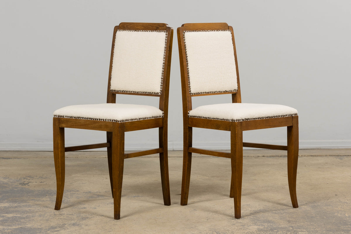 French Art Deco Maple Accent Side Chairs in Cream Boucle - A Pair