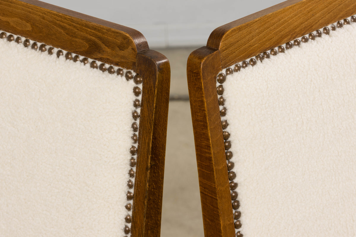French Art Deco Maple Accent Side Chairs in Cream Boucle - A Pair