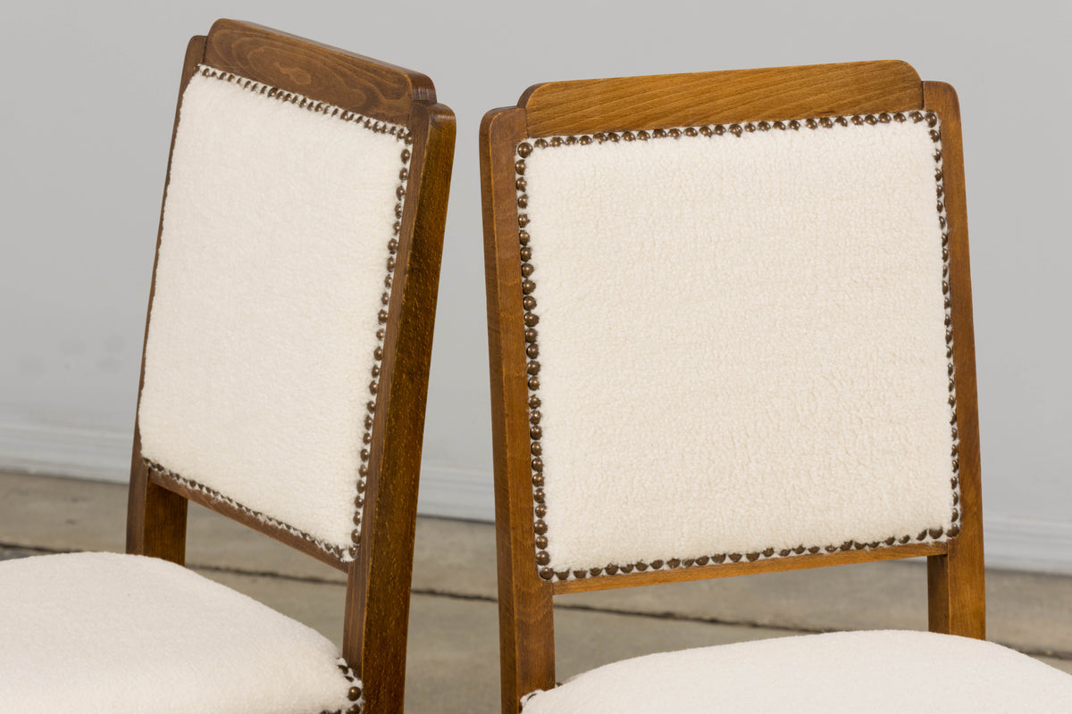 French Art Deco Maple Accent Side Chairs in Cream Boucle - A Pair