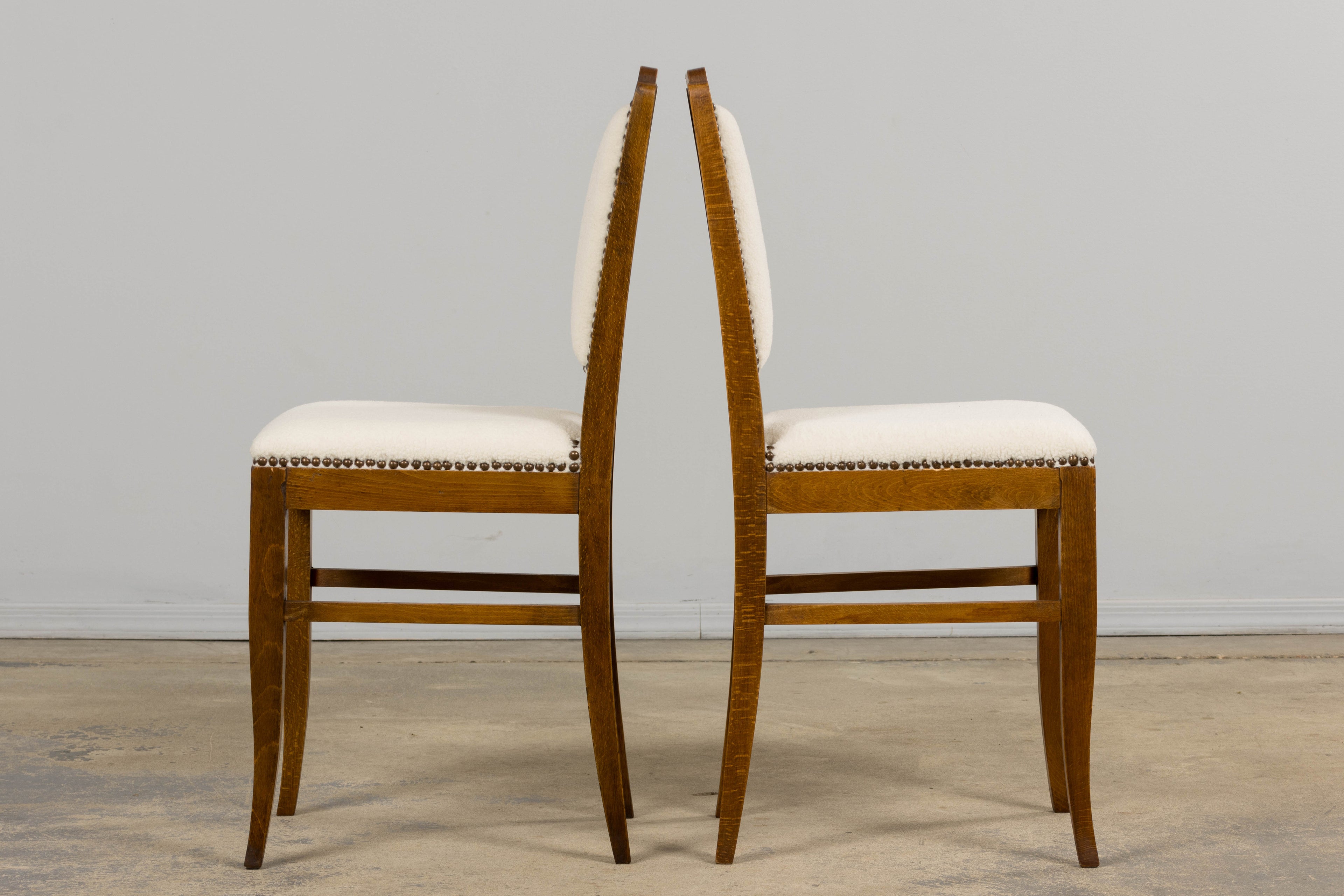 French Art Deco Maple Accent Side Chairs in Cream Boucle - A Pair