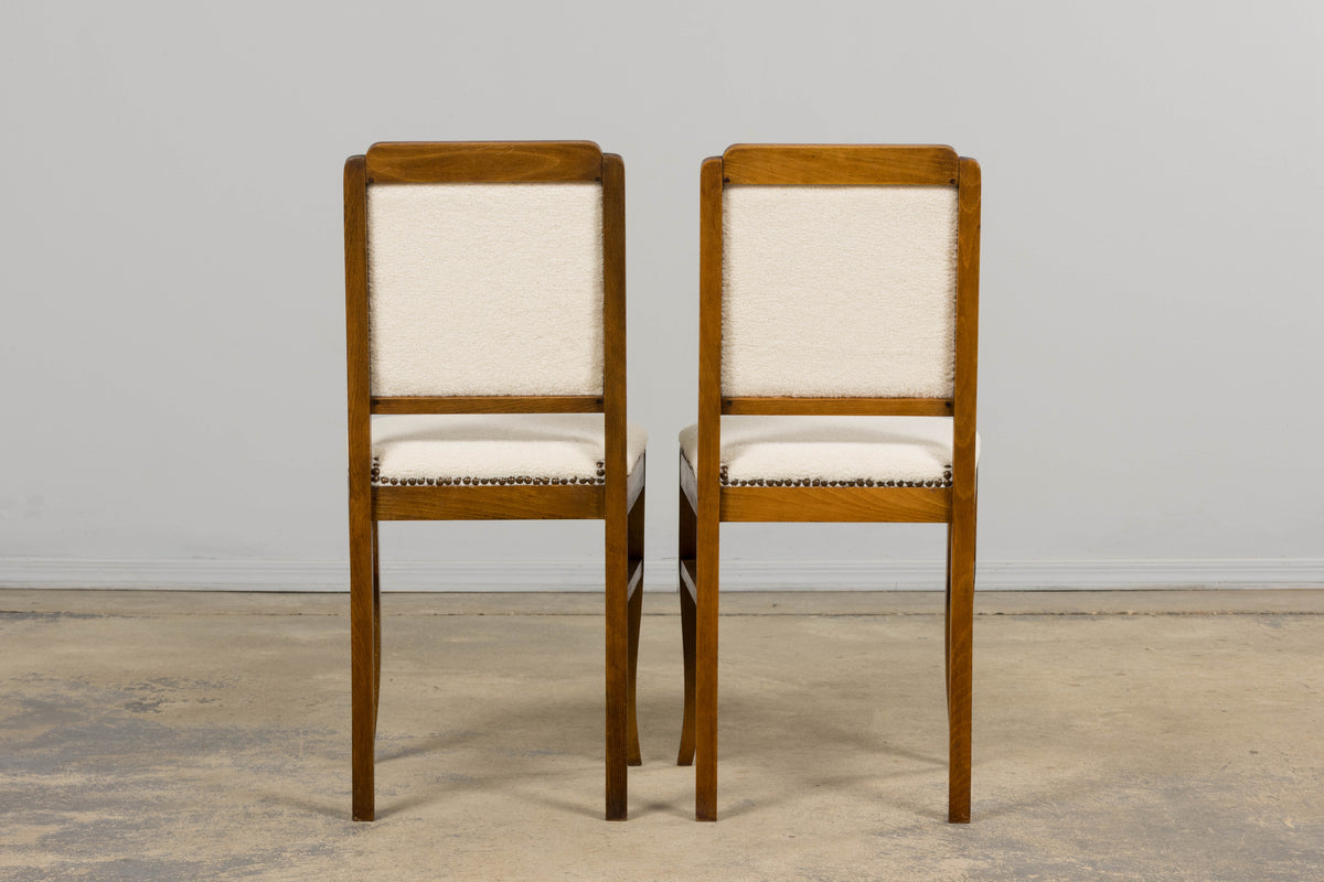 French Art Deco Maple Accent Side Chairs in Cream Boucle - A Pair