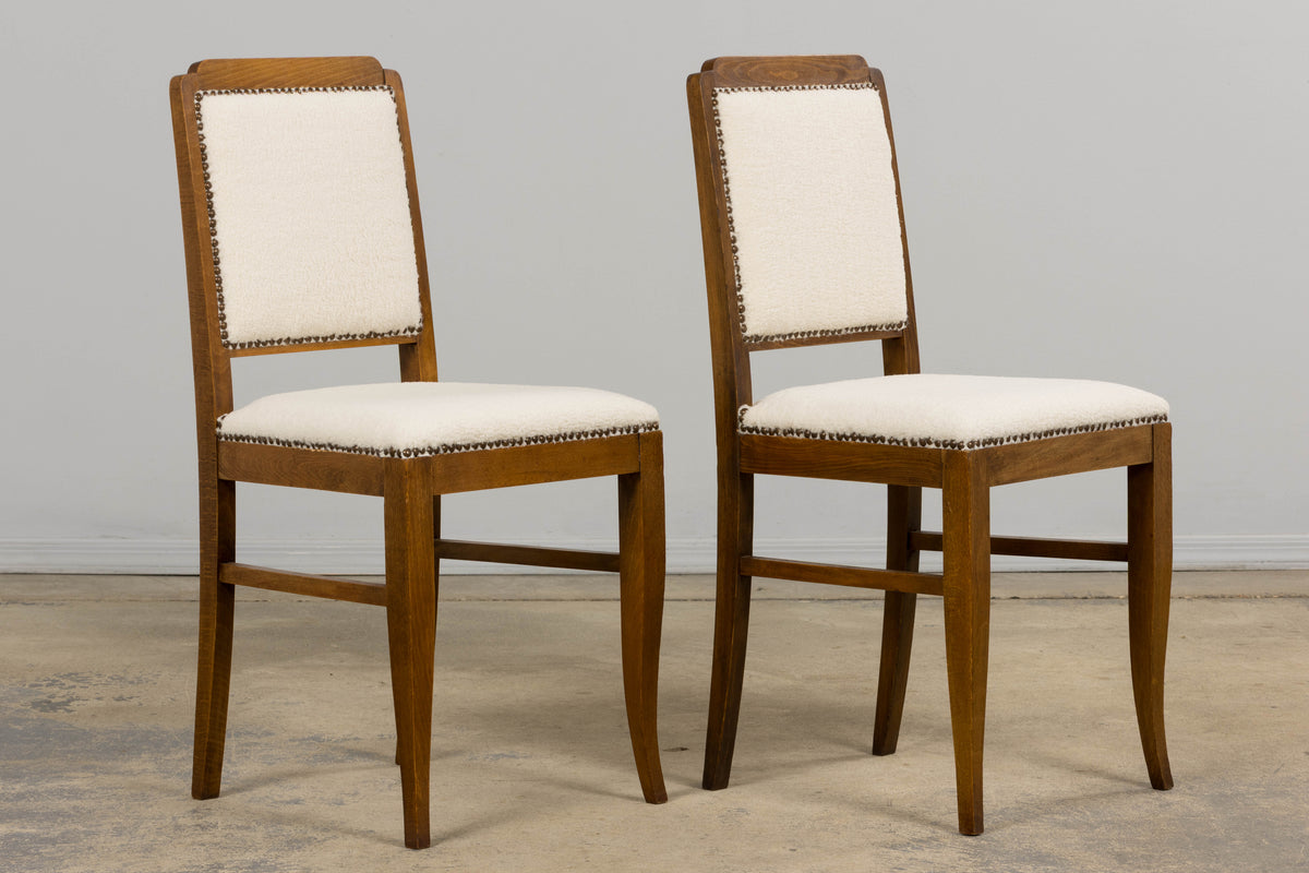French Art Deco Maple Accent Side Chairs in Cream Boucle - A Pair