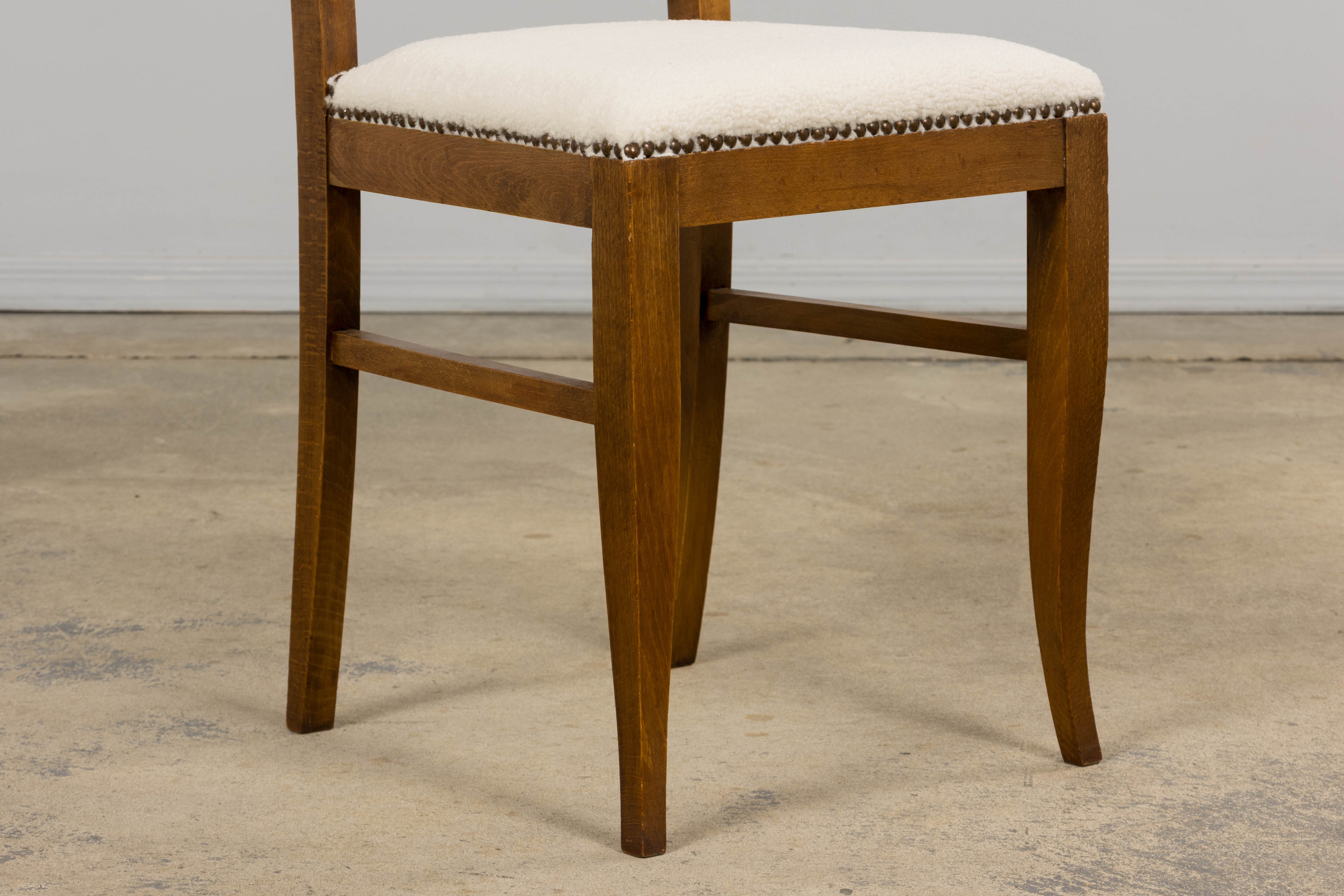 French Art Deco Maple Accent Side Chairs in Cream Boucle - A Pair