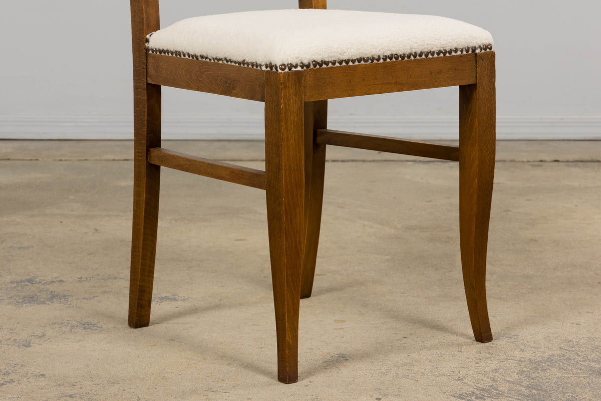 French Art Deco Maple Accent Side Chairs in Cream Boucle - A Pair