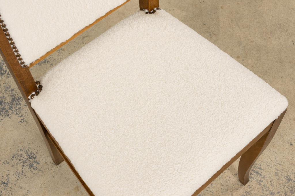 French Art Deco Maple Accent Side Chairs in Cream Boucle - A Pair