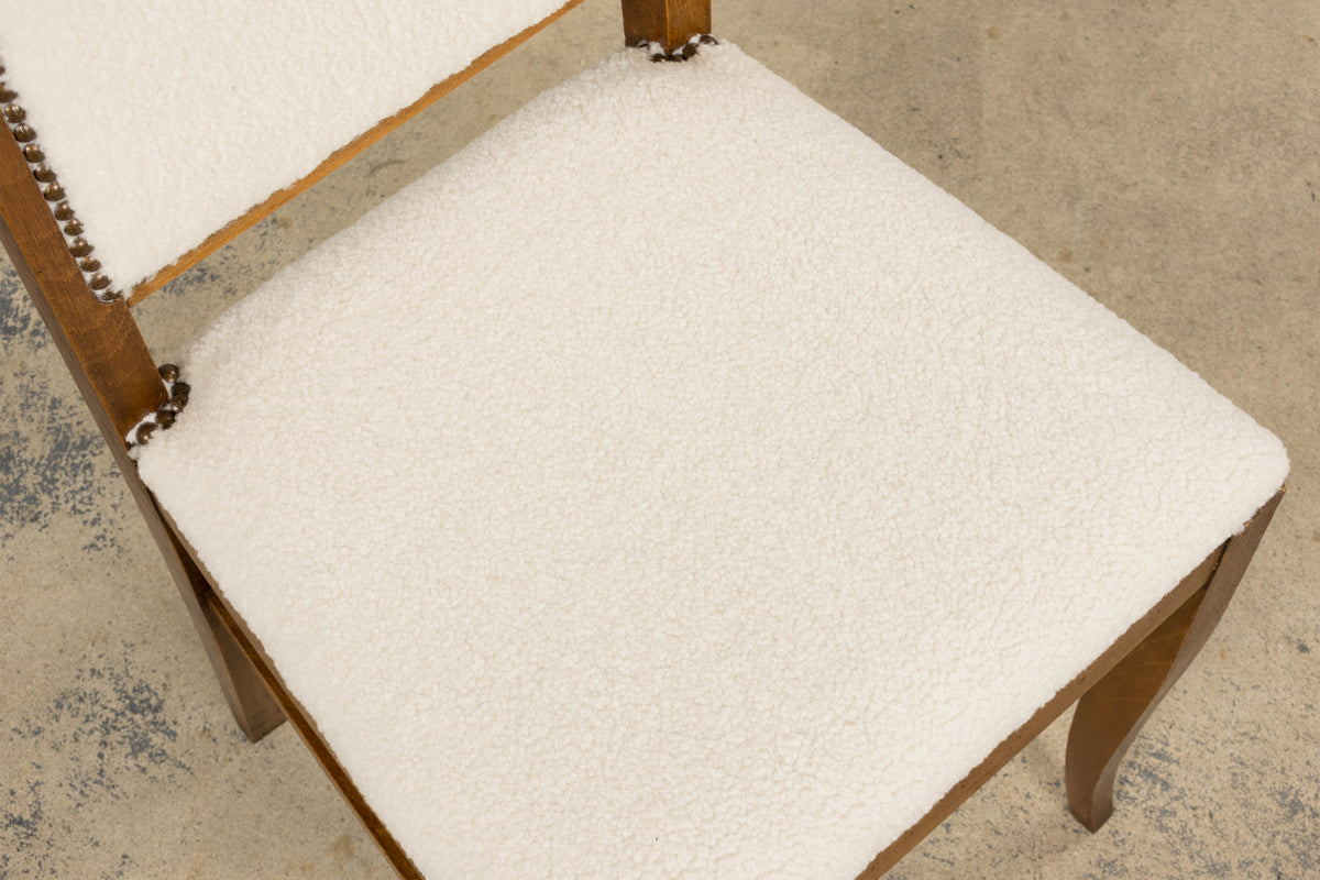 French Art Deco Maple Accent Side Chairs in Cream Boucle - A Pair