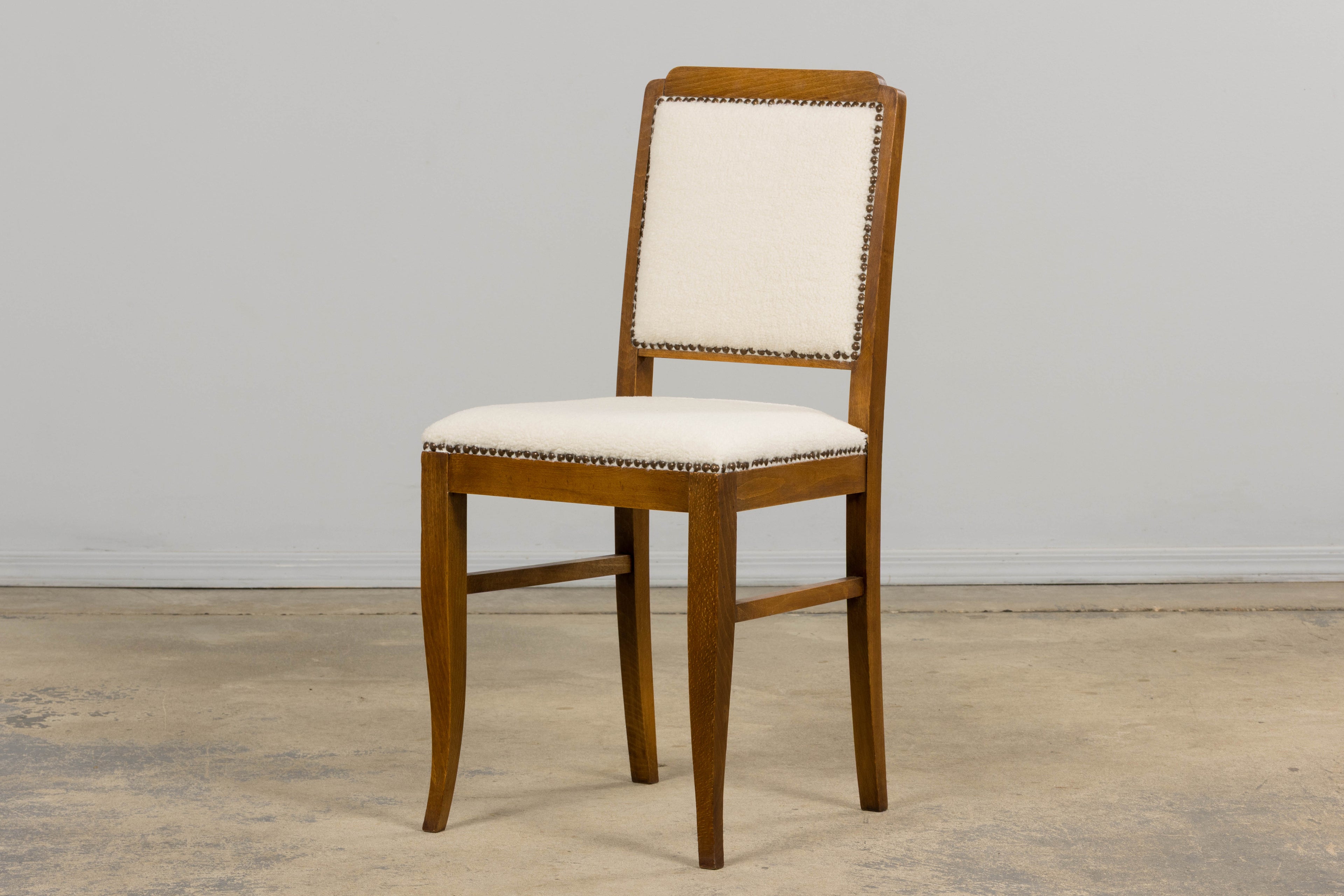 French Art Deco Maple Accent Side Chairs in Cream Boucle - A Pair