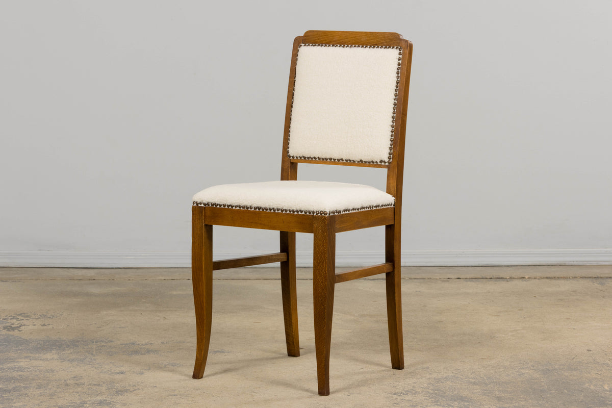 French Art Deco Maple Accent Side Chairs in Cream Boucle - A Pair