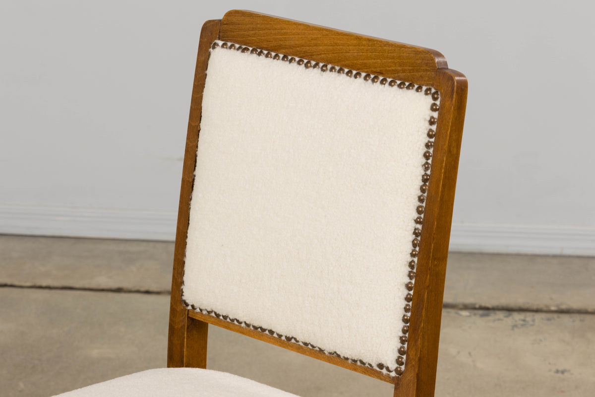 French Art Deco Maple Accent Side Chairs in Cream Boucle - A Pair