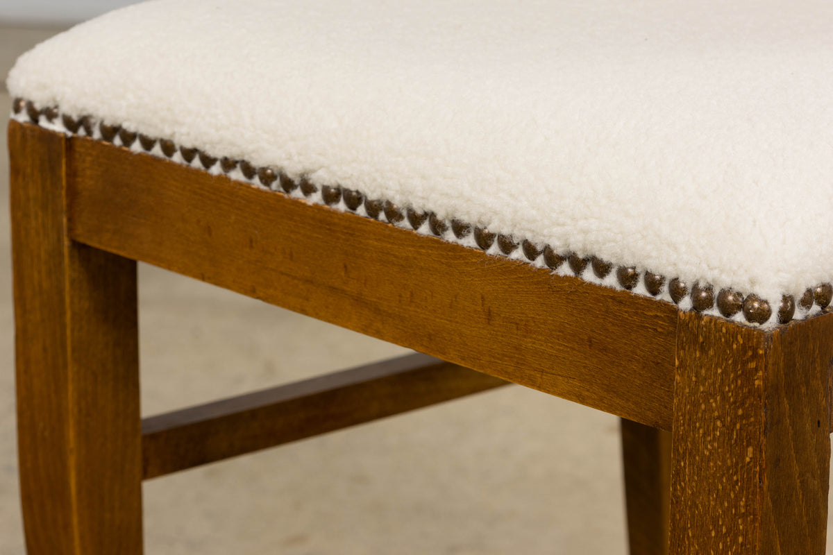 French Art Deco Maple Accent Side Chairs in Cream Boucle - A Pair