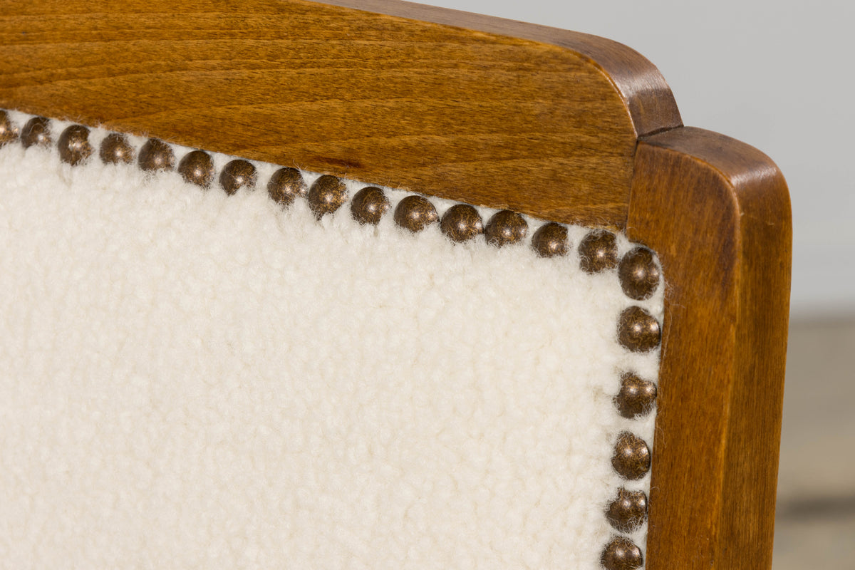 French Art Deco Maple Accent Side Chairs in Cream Boucle - A Pair