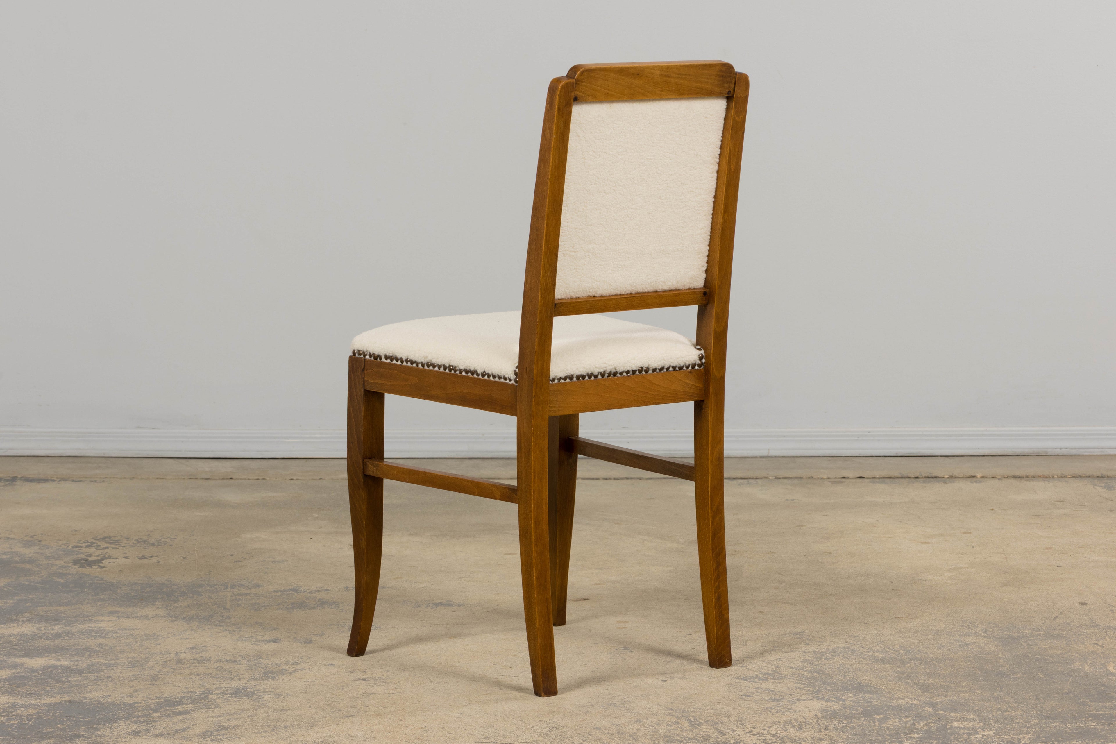 French Art Deco Maple Accent Side Chairs in Cream Boucle - A Pair