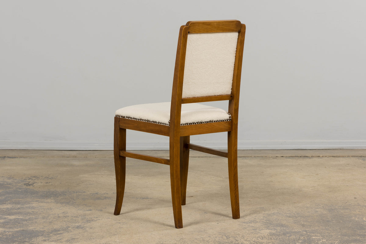 French Art Deco Maple Accent Side Chairs in Cream Boucle - A Pair