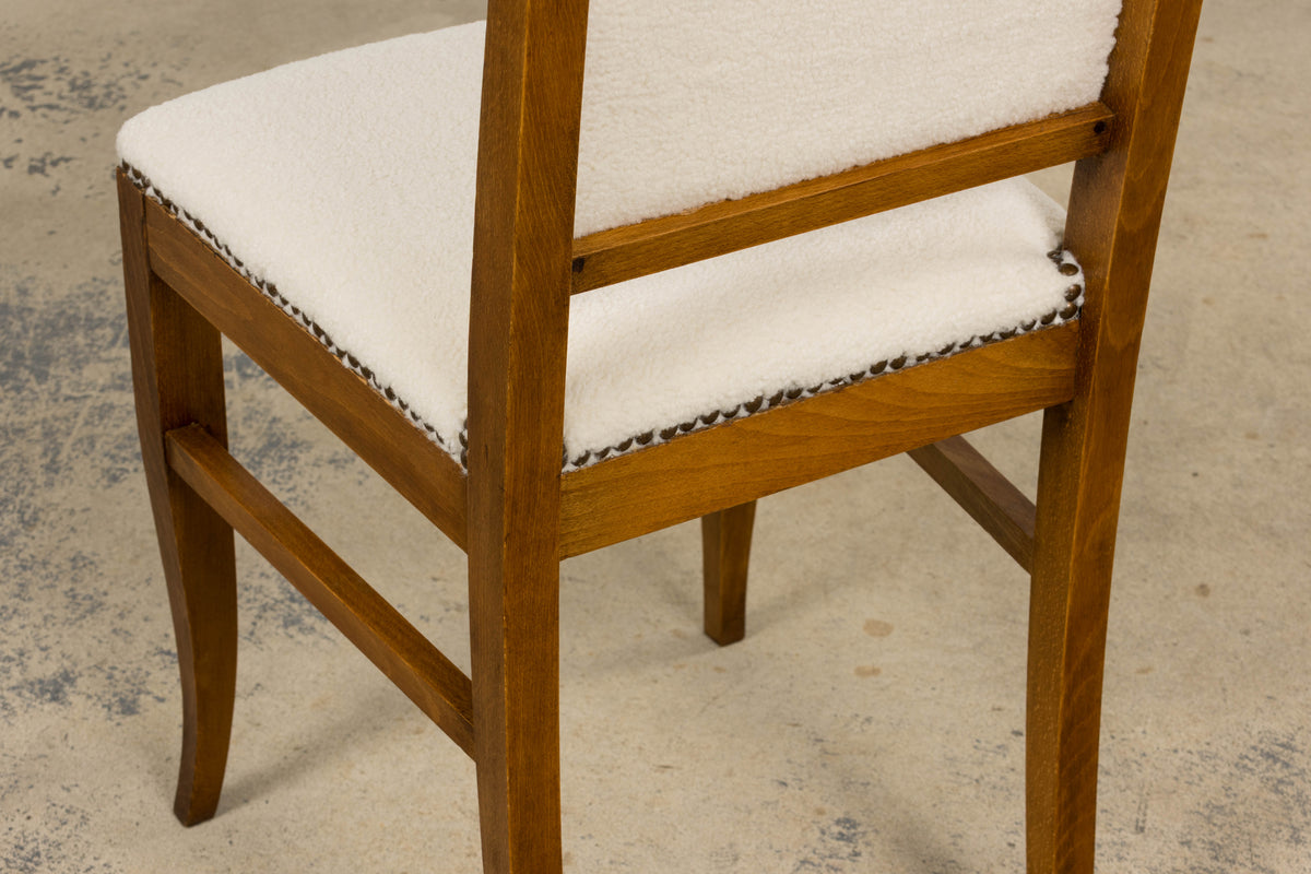 French Art Deco Maple Accent Side Chairs in Cream Boucle - A Pair