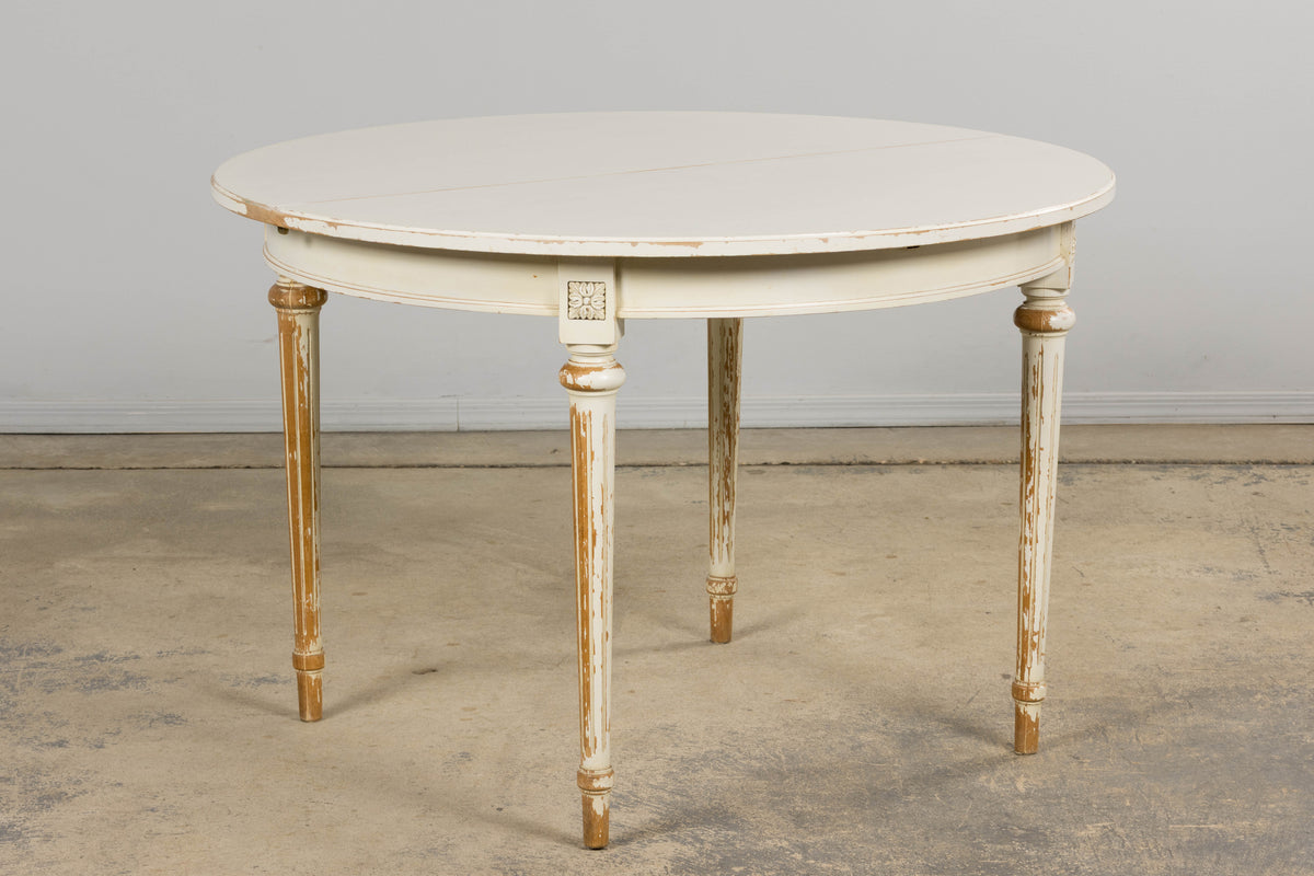 French Louis XVI Style Painted White Off-Round Extendable Dining Table
