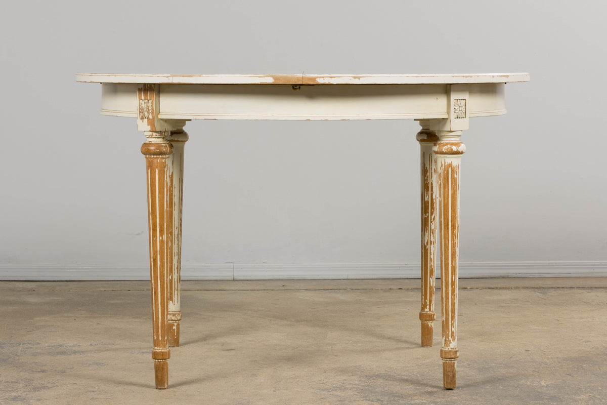 French Louis XVI Style Painted White Off-Round Extendable Dining Table