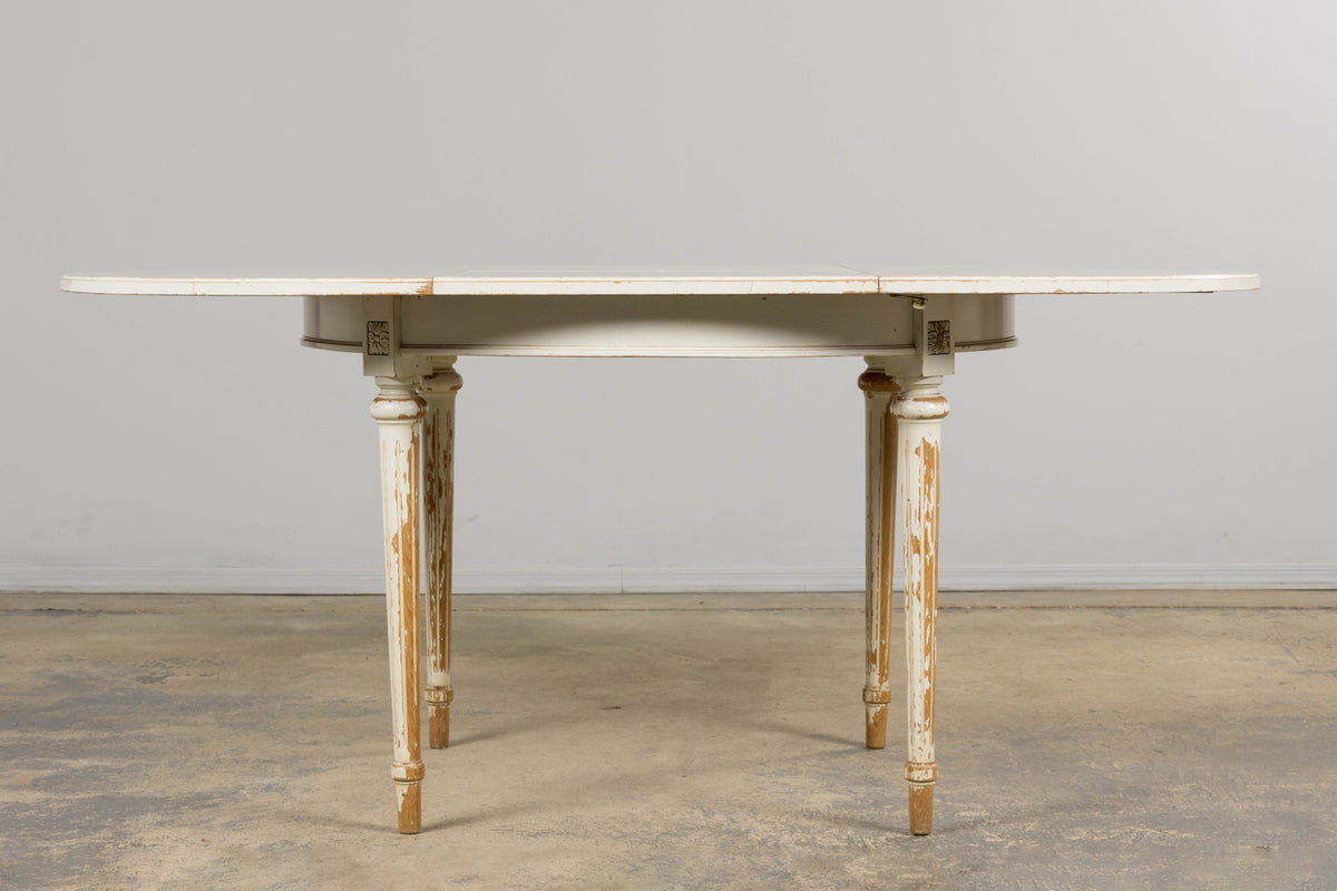 French Louis XVI Style Painted White Off-Round Extendable Dining Table