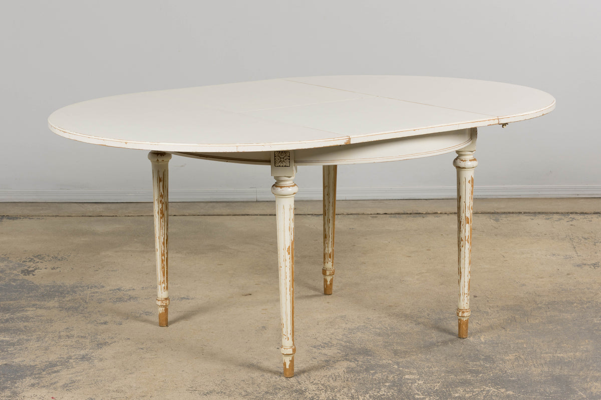 French Louis XVI Style Painted White Off-Round Extendable Dining Table