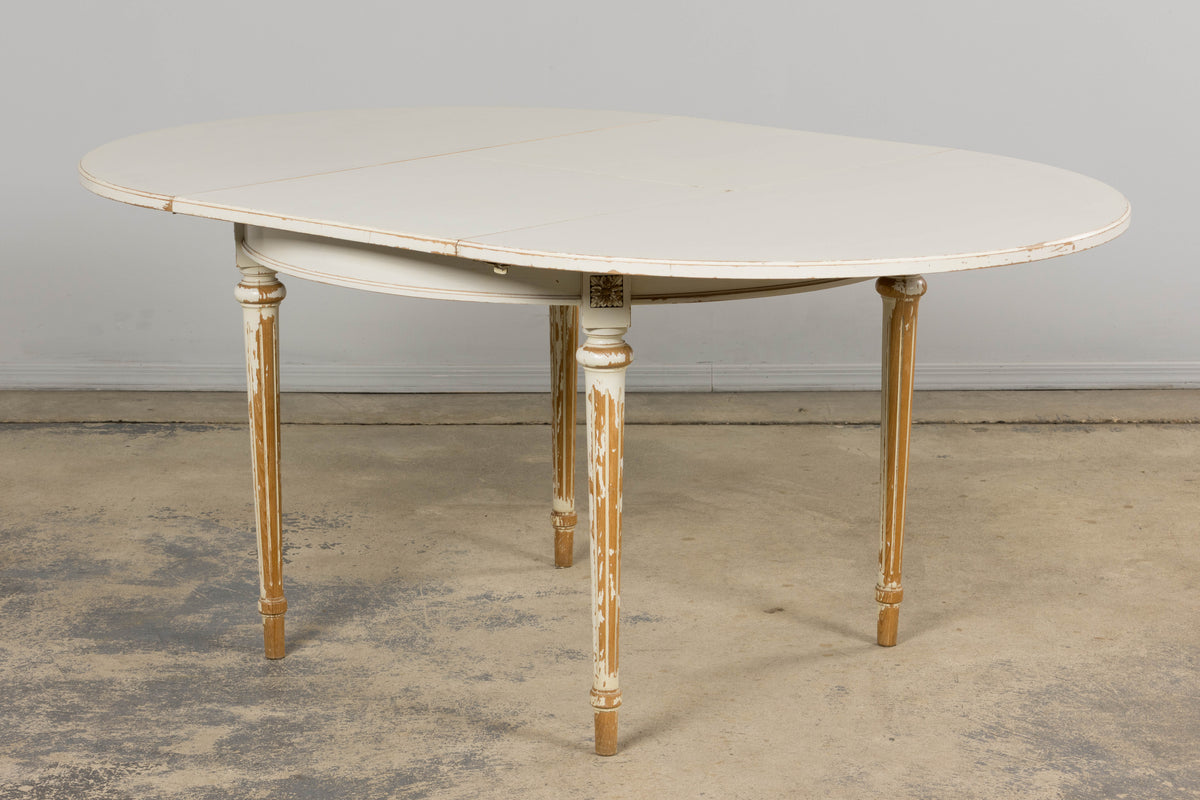 French Louis XVI Style Painted White Off-Round Extendable Dining Table