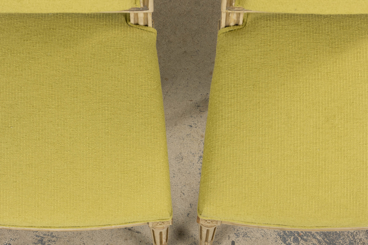 Antique French Louis XVI Painted Accent Side Chairs in Chartreuse Fabric - A Pair