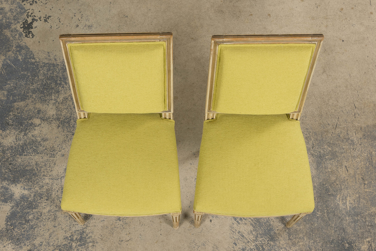 Antique French Louis XVI Painted Accent Side Chairs in Chartreuse Fabric - A Pair