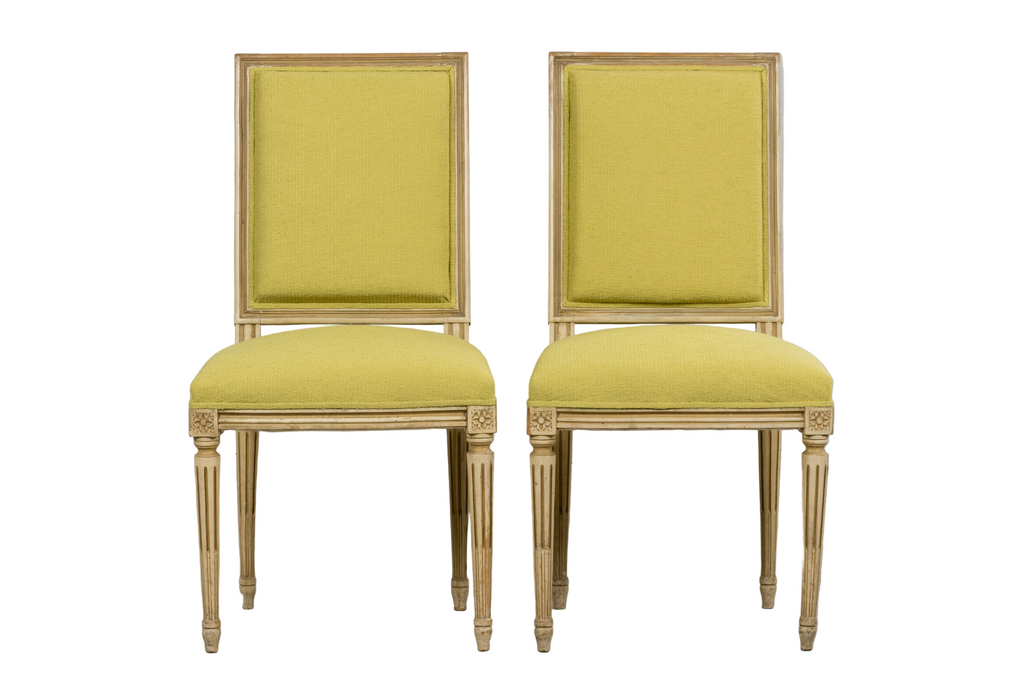 Antique French Louis XVI Painted Accent Side Chairs in Chartreuse Fabric - A Pair