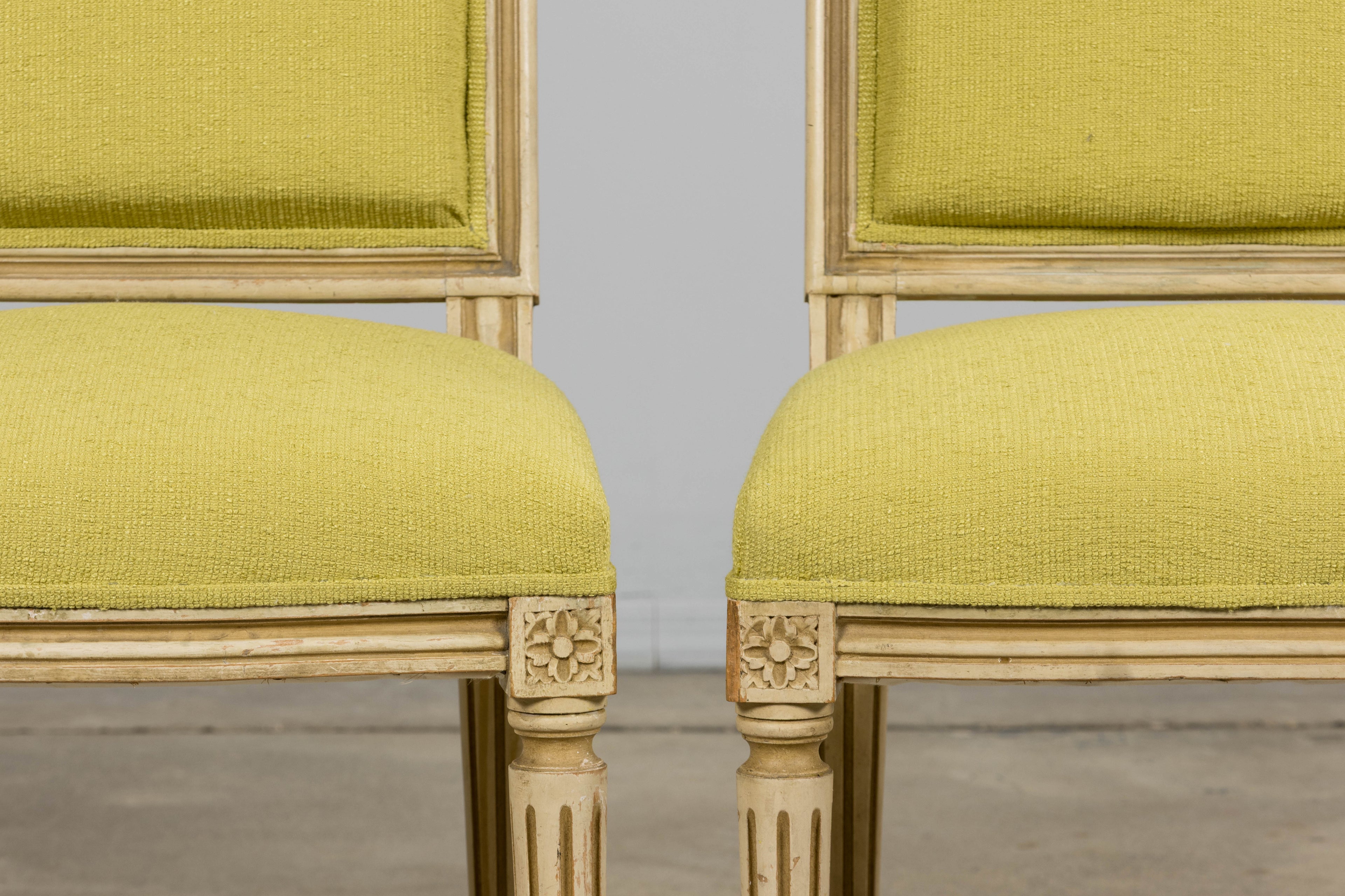 Antique French Louis XVI Painted Accent Side Chairs in Chartreuse Fabric - A Pair