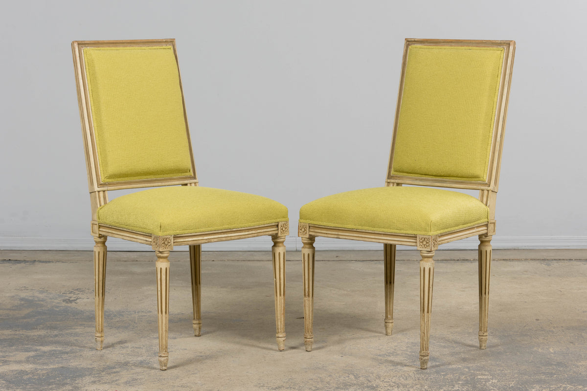 Antique French Louis XVI Painted Accent Side Chairs in Chartreuse Fabric - A Pair
