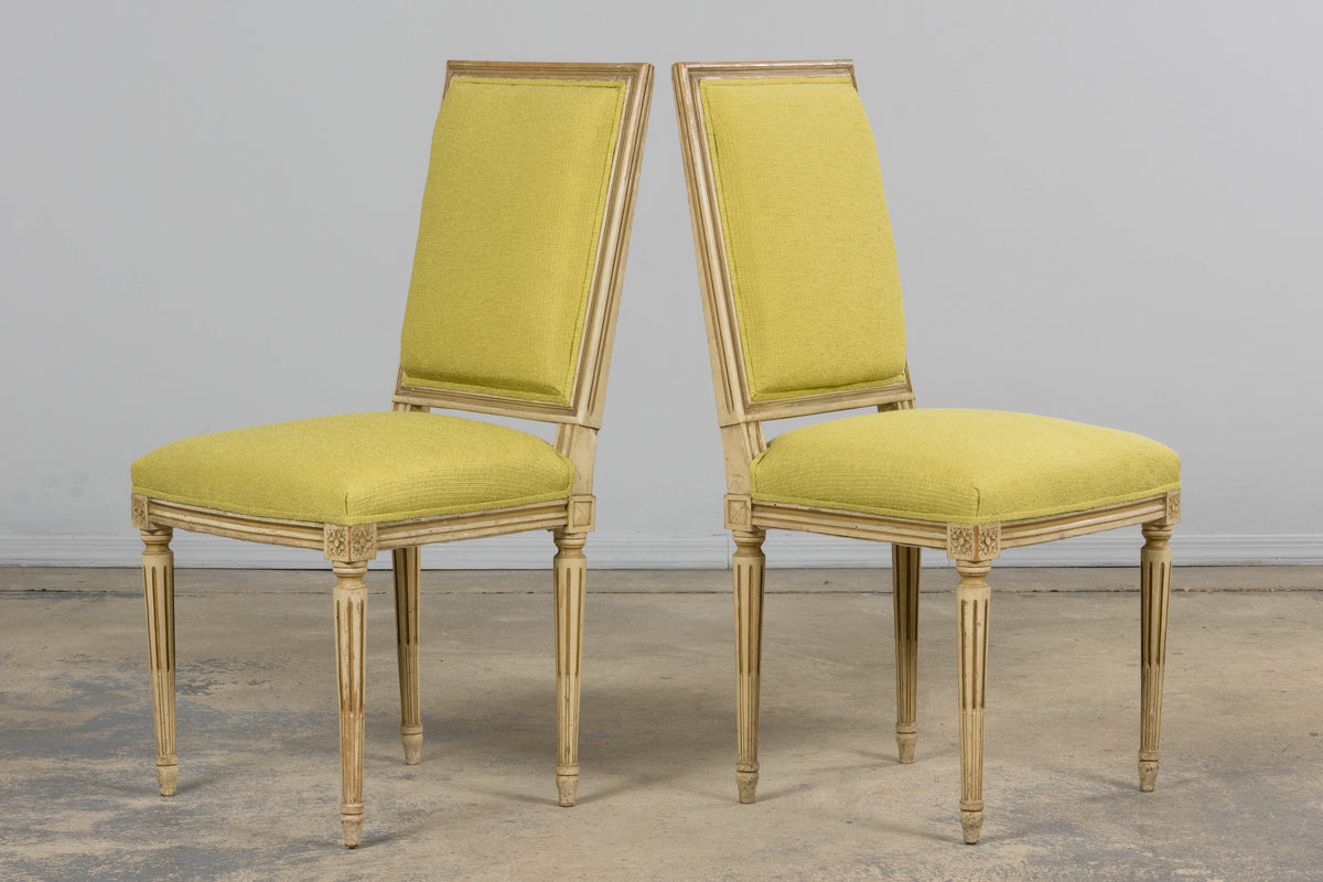 Antique French Louis XVI Painted Accent Side Chairs in Chartreuse Fabric - A Pair