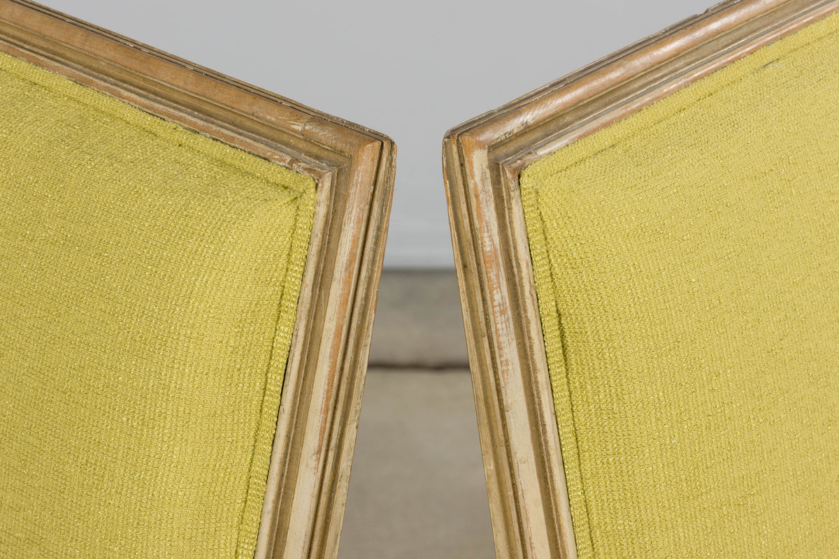 Antique French Louis XVI Painted Accent Side Chairs in Chartreuse Fabric - A Pair