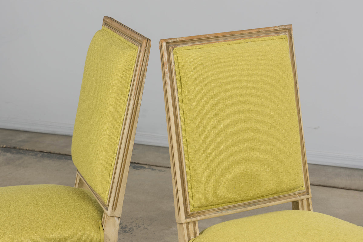 Antique French Louis XVI Painted Accent Side Chairs in Chartreuse Fabric - A Pair